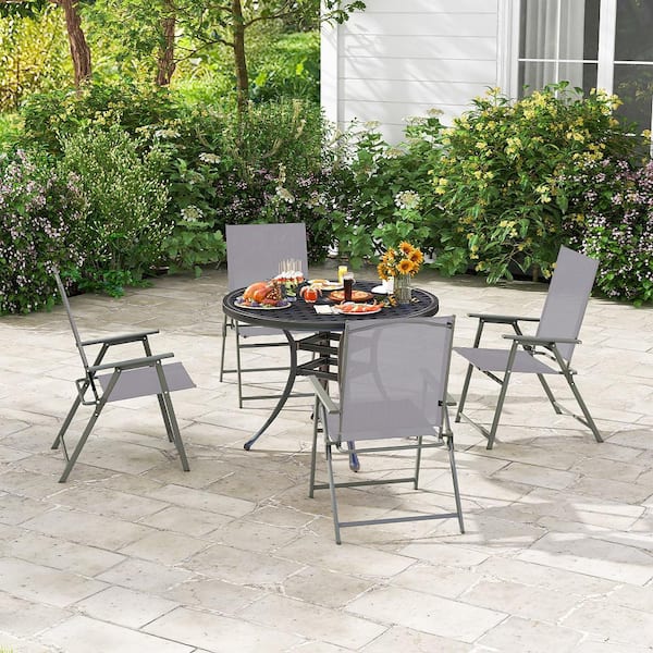Metal Patio Folding Portable Outdoor Dining Chairs Frame Armrests Outdoor Grey (Set of 4)
