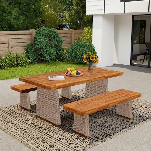 Lyuba 3-Piece Solid Wood and Wicker Outdoor Patio Dining Set with Bench, Teak Finish + Brown