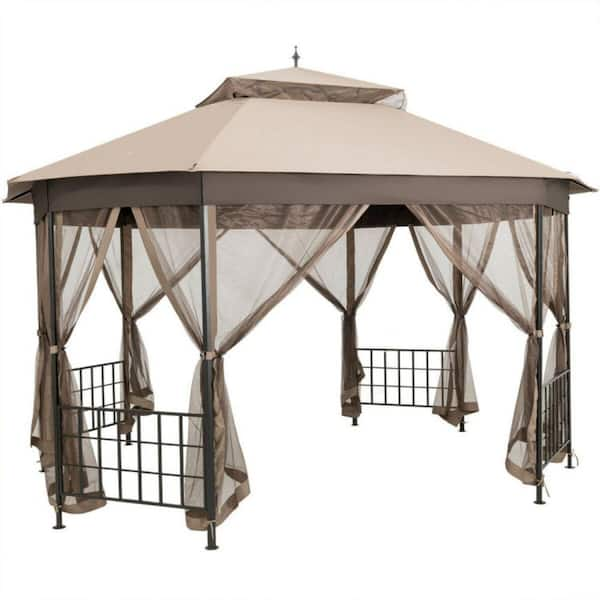 Clihome 10 Ft X 12 Ft Brown Octagonal Patio Gazebo Double Top Pop Up Gazebo Tent With Mosquito