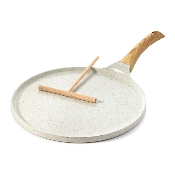 White Ceramic Nonstick Cast Aluminum Induction Crepe Pan with Stay-Cool Handle for Pancakes and Tortillas