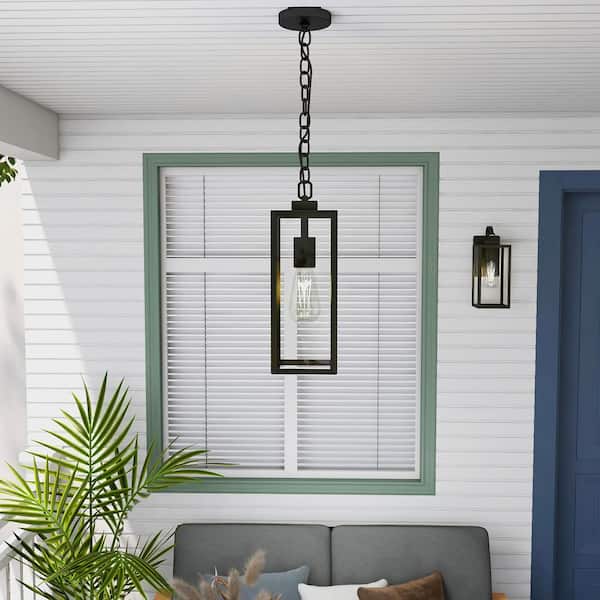 1-Light Matte Black Outdoor Pendant Light with Clear Glass