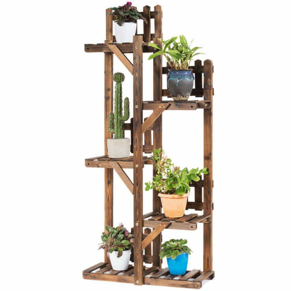 5-Tier Dark Brown Solid Fir Wood Plant Stand