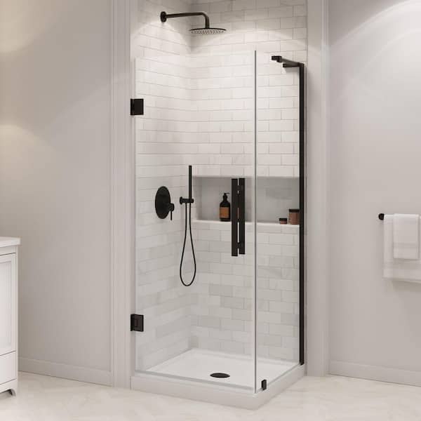 Panama 32 in. L x 32 in. W x 72.01 in. H Corner Shower Kit with Pivot Frameless Door in Black and Shower Pan