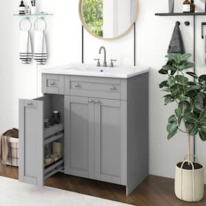 30 in. W Single Sinks Freestanding Bath Vanity in Gray with White Ceramic Top and Double-Layer Deep Drawer