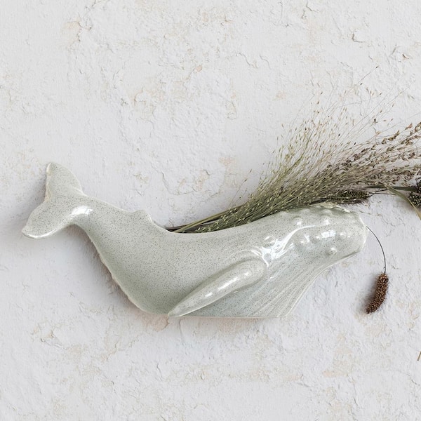Storied Home Stoneware Whale Wall Planter, Grey Reactive Glaze