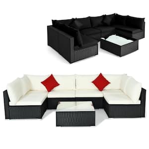 7-Piece Wicker Patio Conversation Rattan Furniture Set Sectional Sofas with Off White and Black Cushions