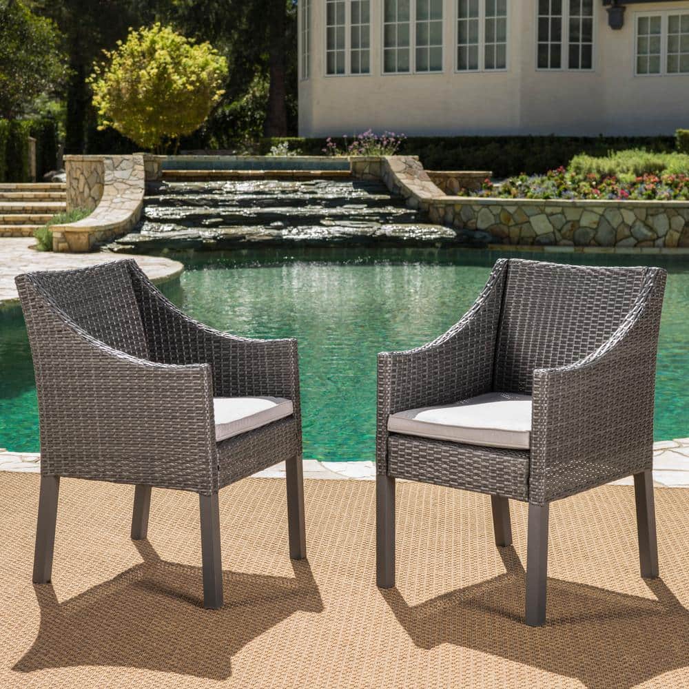Gray and Silver Wicker Outdoor Dining Chairs with Cushions, Set of 2