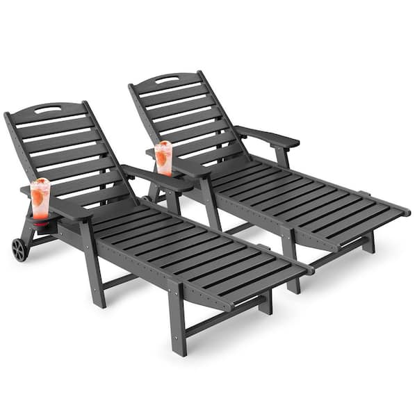 Lounge Chair Ourdoor with 6-Position Adjustable Back, HDPE Patio Chaise with Wheels and Cup Holder, Grey, 2 Pack