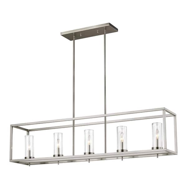 Generation Lighting Zire 5 Light Brushed Nickel Transitional Dining Room Hanging Island Pendant with Clear Glass Shades