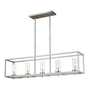Zire 5 Light Brushed Nickel Transitional Dining Room Hanging Island Pendant with Clear Glass Shades