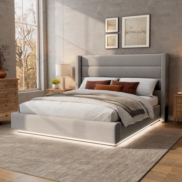 CHRISTOPHER KNIGHT HOME Hawthorne Gray Linen Upholstered Wood Frame Queen Size Platform Bed with Headboard, LED Lighting, Greige