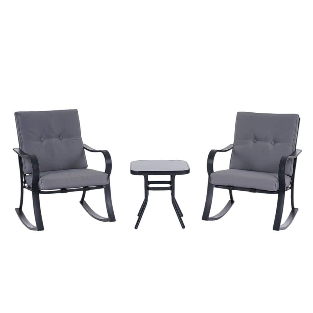 3-Piece Metal UV Resistant Rocking Outdoor Bistro Set with Gray Cushions wi