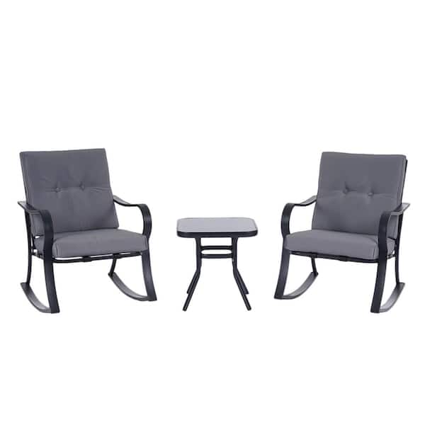 Unbranded 3-Piece Metal UV Resistant Rocking Outdoor Bistro Set with Gray Cushions with Chic Design