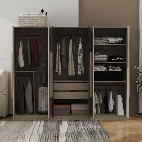 Black/Natural MDF Wood 82.6 in. Wardrobe with 6 Doors and 2 Drawers