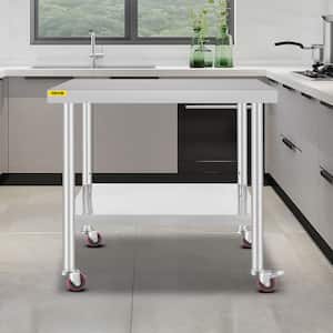 Kitchen Prep Table 35.4 x 29.9 x 32.3 in Commercial Prep Table with 4 Wheels Kitchen Utility Tables with Brake,Silver