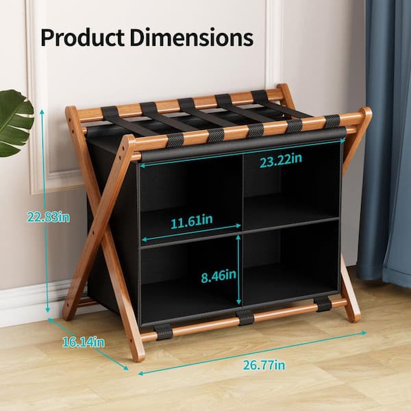 Wudkey Walnut Foldable Bamboo Luggage Rack with 4 Storage