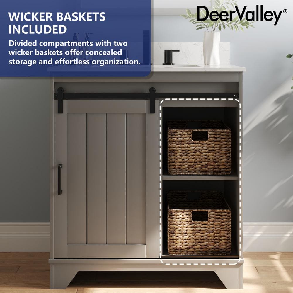 Gray 30" Freestanding Bathroom Vanity with Ceramic Sink and Storage Baskets