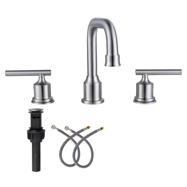 AVITAS 8 in. Widespread 3 Hole Lead-Free Double Handle Bathroom Faucet with Pop-up Drain and Supply Lines in Brushed Nickel