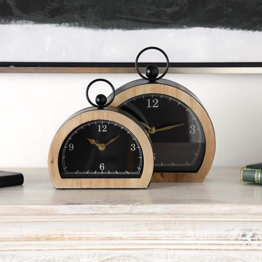 Litton Lane Black Wooden Semicircle Clock with Brown Wooden Frame and Ring  Handle (Set of 2) 044296 - The Home Depot