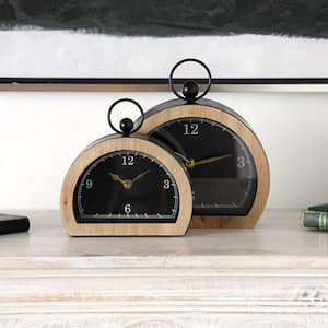 Black Wooden Semicircle Clock with Brown Wooden Frame and Ring Handle (Set of 2)