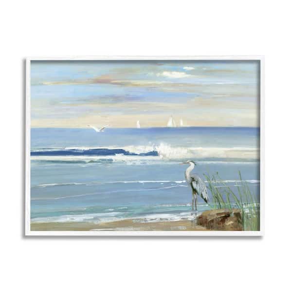 The Stupell Home Decor Collection Heron Splashing Beach Waves Design by Sally Swatland Framed Animal Art Print 20 in. x 16 in.