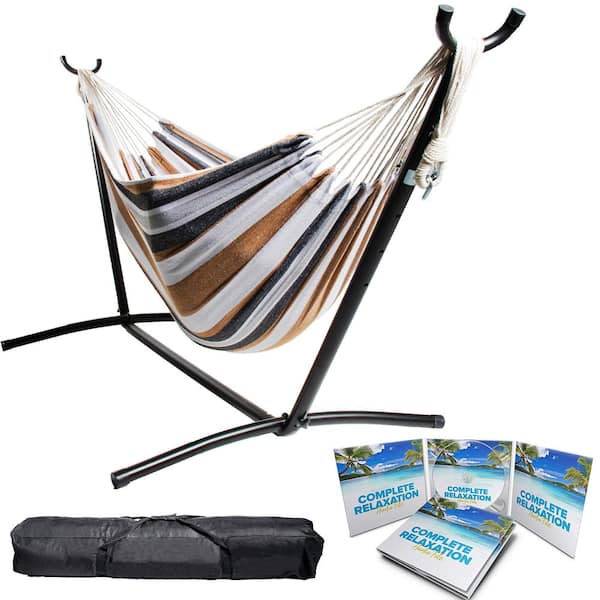 BACKYARD EXPRESSIONS PATIO · HOME · GARDEN 9 ft. Free Standing Hammock Bed Hammock with Stand in Grey/Brown and White