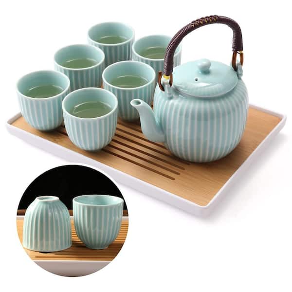 4-Cup Light Turquoise Porcelain Tea Set with 1-Teapot Set, 6-Tea Cups, 1-Tea Tray, and 1-Stainless Infuser