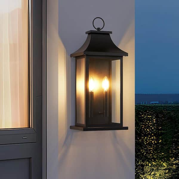 HKMGT 22 in. Tall 2-Light Black Outdoor Hardwired Wall Lantern