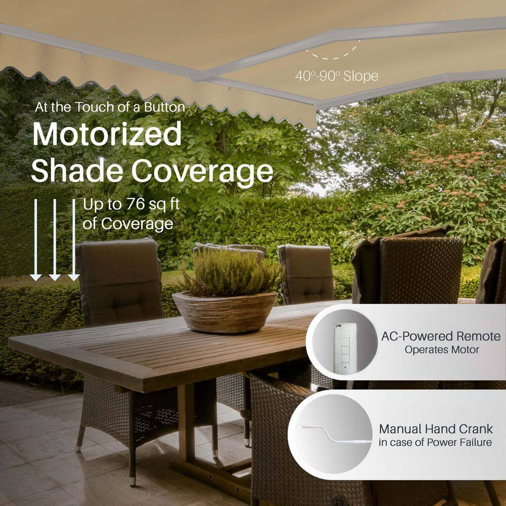 Sand Motorized Retractable Patio Awning with White Frame