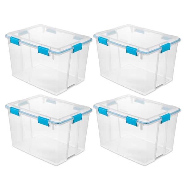 80 Qt. Plastic Home Storage Container in Clear Base and Lid with Blue Aquarium Latches and Gaskets (4-Pack)