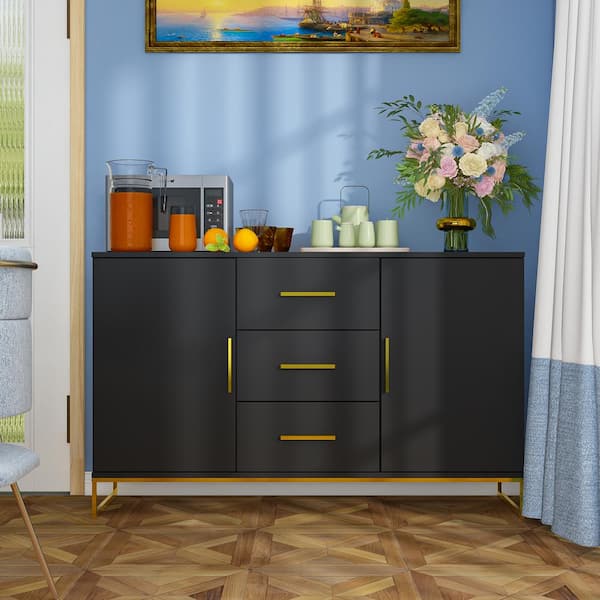 FUFU&GAGA Black Wood Sideboard with 2 Storage Cabinet, 3 Drawers and Adjustable Shelves for Kitchen Dining Room