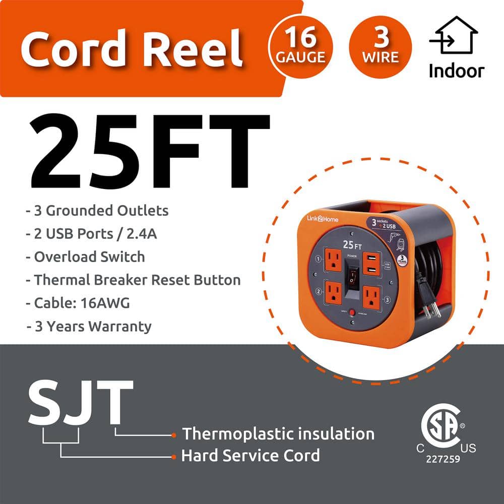 25 ft Black and Orange Extension Cord Reel with USB Ports