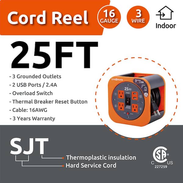Link2Home 25 ft. 16/3 Extension Cord Storage Reel with 3 Grounded Outlets 2  USB 3.4 Amp and Overload Reset Button EM-EL-275E - The Home Depot