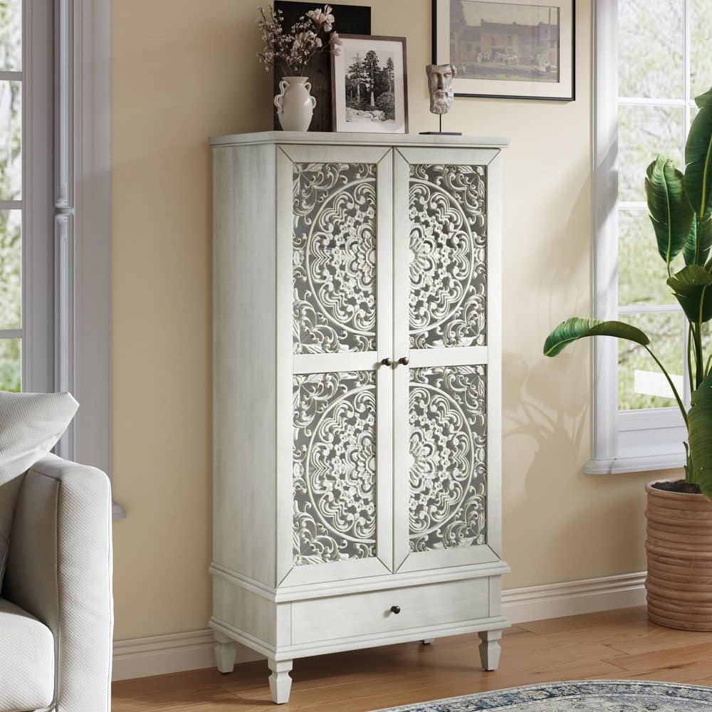 Antique Gray White Rustic 2-Door Carved 55 in. Accent Storage Cabinet with Drawer for Living Room, Hallway, Dining Room