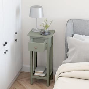 14 in. W 2 Tier End Bedside Sofa Side Table with Drawer Shelf Acacia Wood Nightstand Grey