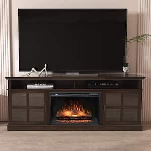 72 in. Freestanding Fireplace TV Stand Glass Door for TVs Up to 80 in. with 26 in. Electric Fireplace Insert, Brown