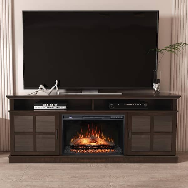 Prismaster ...keeps your home stylish 72 in. Freestanding Fireplace TV Stand Glass Door for TVs Up to 80 in. with 26 in. Electric Fireplace Insert, Brown