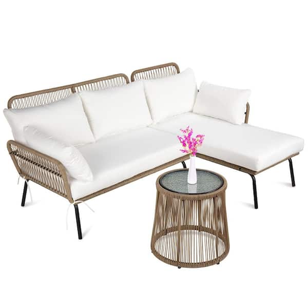 SUGIFT Beige 3-Piece Wicker Rattan Outdoor Patio Sectional Set with White Cushions and Table