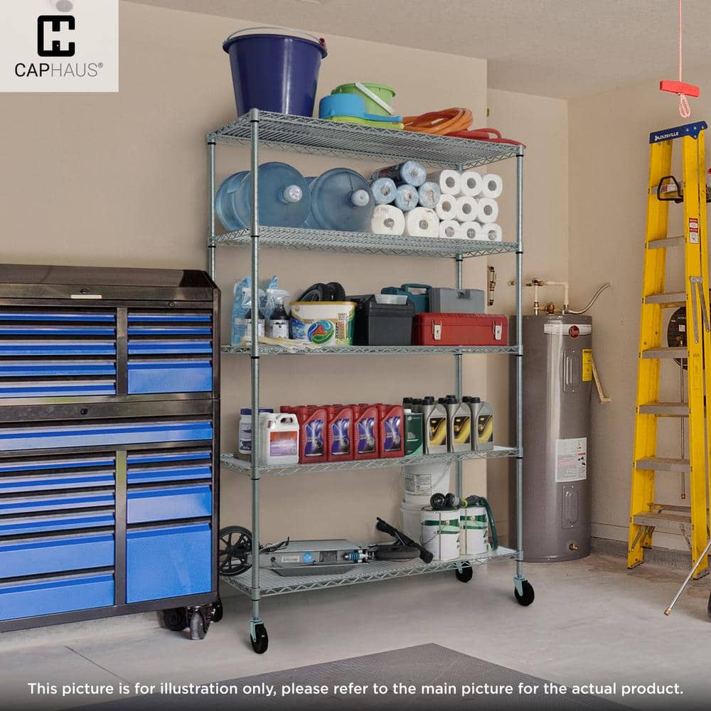 Black 5-Tier Adjustable Metal Wire Shelving Unit with Wheels