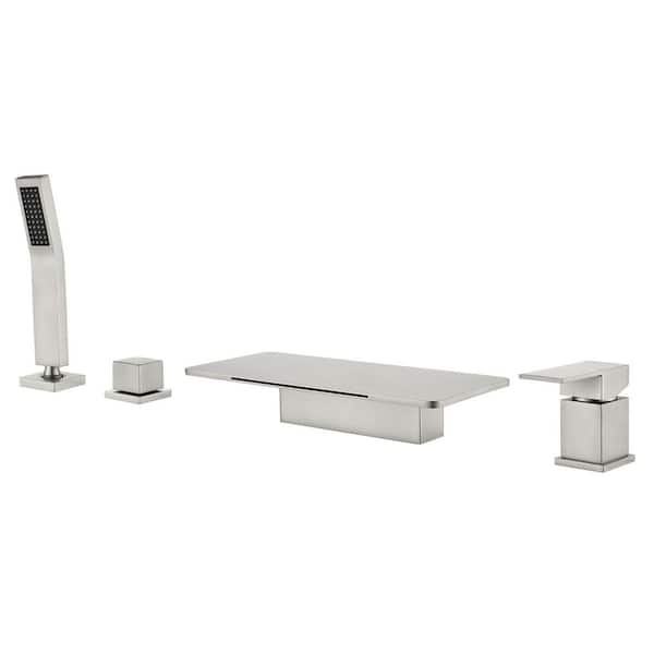 Single-Handle Deck-Mount Roman Tub Faucet with Hand Shower Brass 4-Hole Waterfall Tub Fillers in. Brushed Nickel