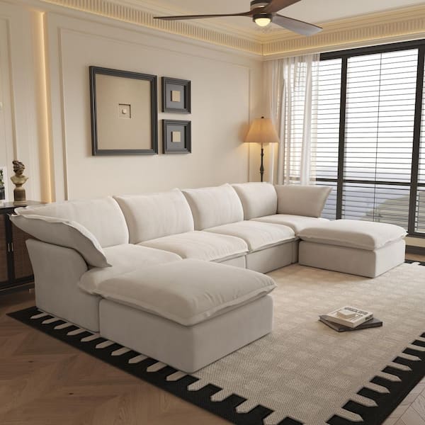 J&E Home 162.9 in. Flared Arm Linen U Shaped Oversized Down Sofa Couch with Storage Ottoman in Beige