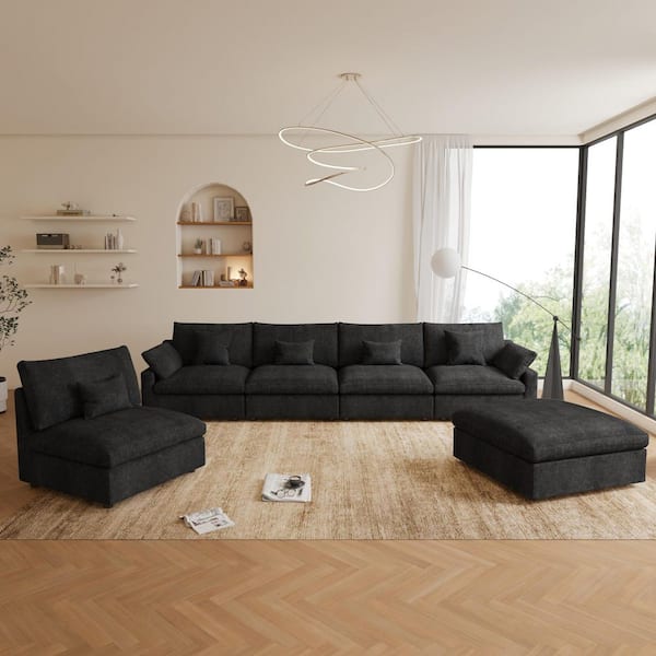 196 in. W Square Arm Linen Upholstered Rectangle 5-Seater Sectional Sofa with Ottoman in. Black