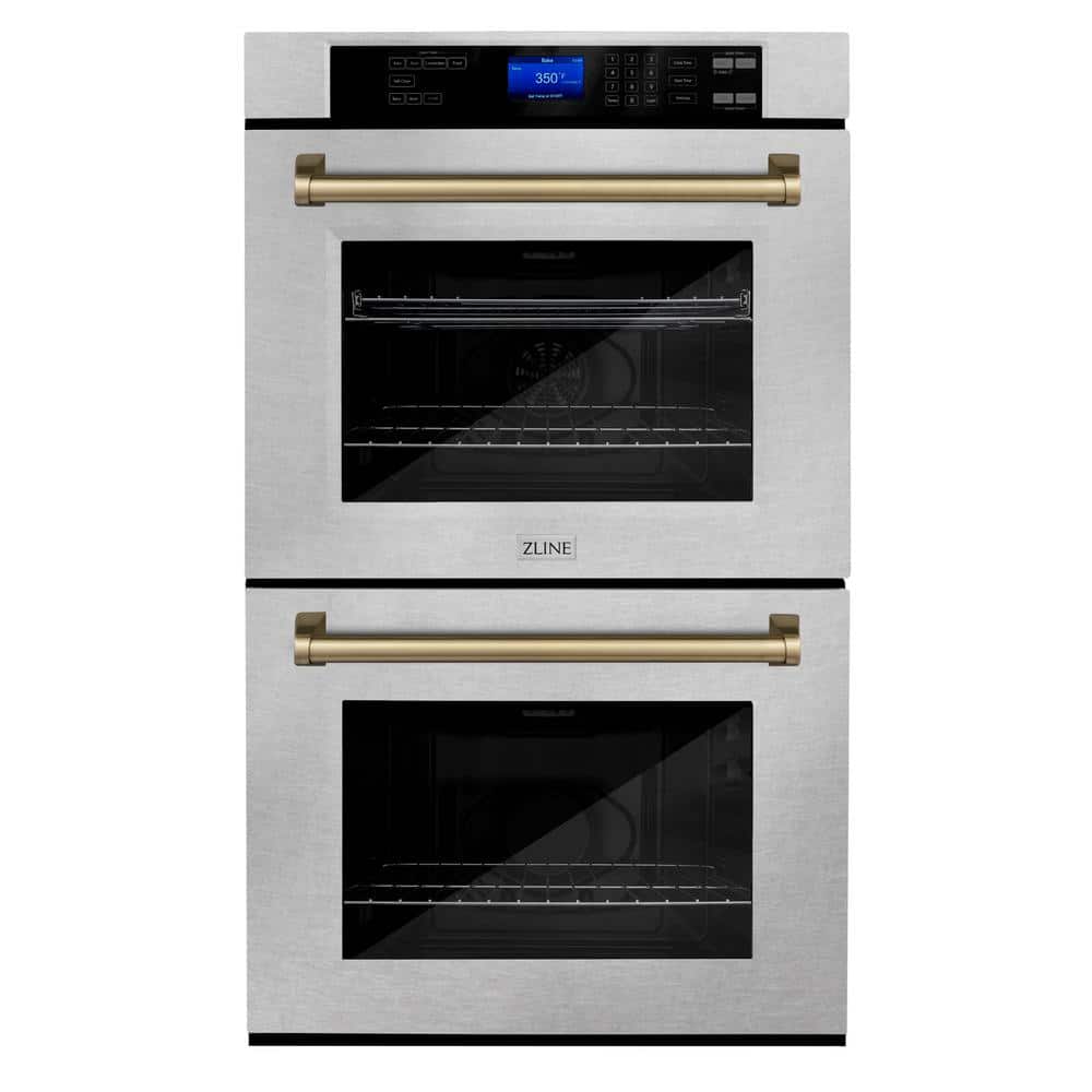 ZLINE Kitchen and Bath Autograph Edition 30 in. Double Electric Wall Oven with Champagne Bronze Handle in Fingerprint Resistant Stainless Steel, DuraSnow Stainless Steel & Champagne Bronze