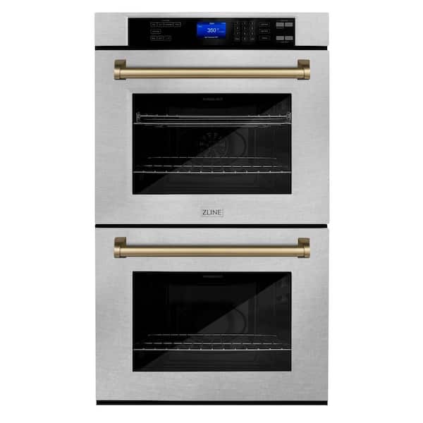 ZLINE Kitchen and Bath Autograph Edition 30 in. Double Electric Wall Oven with Champagne Bronze Handle in Fingerprint Resistant Stainless Steel
