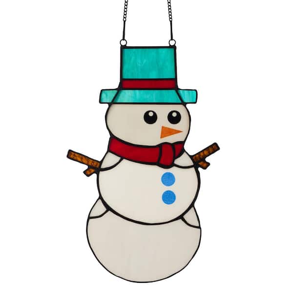 Festive Snowman White Stained Glass Window Panel