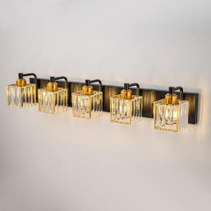 Orillia 33 in. 5-Light Black Gold Bathroom Vanity Light with Crystal Shades