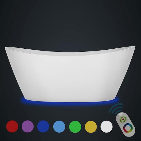 Empava 59 in Acrylic Flatbottom Not-Whirlpool Freestanding Bathtub with 7 Color Changing LED Lights in White