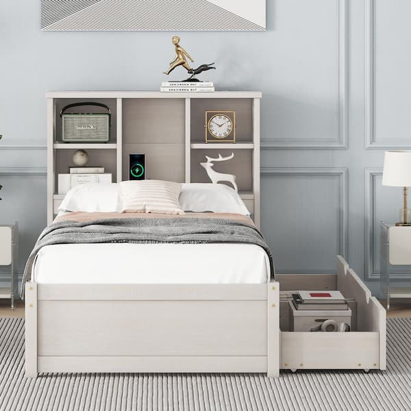 Nestfair White Washed Wood Frame Twin Size Platform Bed with Built