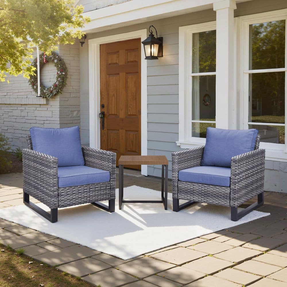 Gray 3-Piece Wicker Patio Conversation Set, Outdoor Lounge Chairs with Side Table and Blue Cushions price history on PriceWatchPro