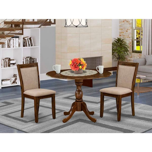 East West Furniture 3-Piece Antique Walnut Solid Wood Top - Upholstered Dining Room Set with Dropleaf - Seats-4